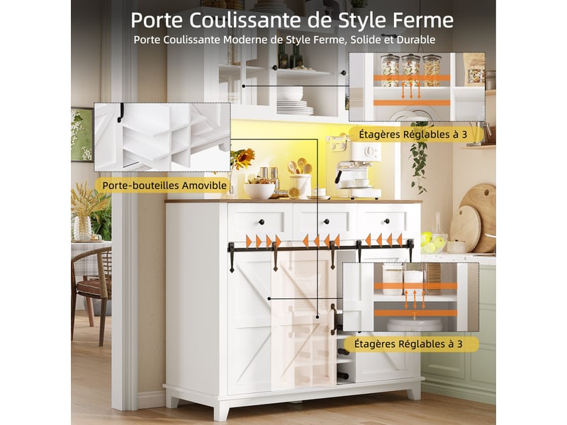  Buffet de cuisine 105x38,4x180 cm avec portes vitrées, casier à bouteilles buffet avec éclairage led, 4 portes,3 tiroirs,blanc  - Conforama E