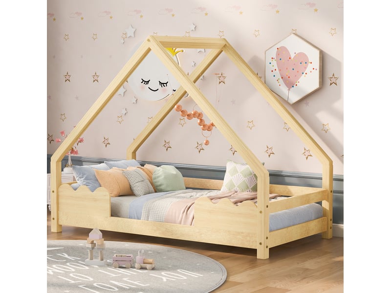 Lit cabane enfant 90x200 cm, bois naturel, protection antichute, sommier, lit simple, sans matelas - Conforama B