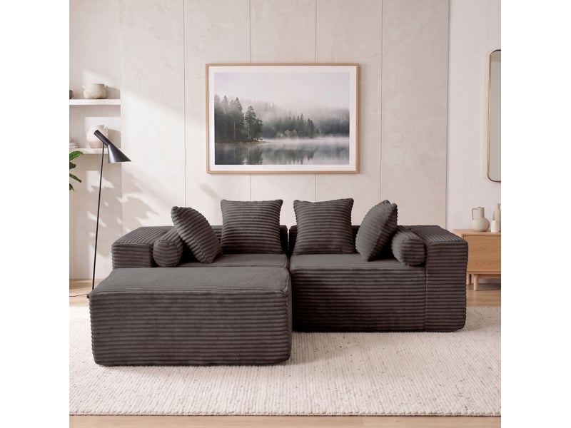  Canapé modulable d'angle 3 places compressé 266x110x60 cm, pour salon, élégant, en mousse douce et velours côtelé, noir  - Conforama D