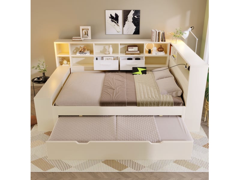  Lit gigogne 140x200 cm avec rangements et ports de charge, bois et panneau de particules, blanc, sans matelas  - Conforama E