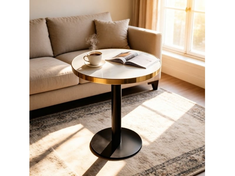  Table d'appoint ronde avec plateau effet marbre uv et cadre doré, base stable pour salon 75 × 71 × 23 cm  - Conforama E