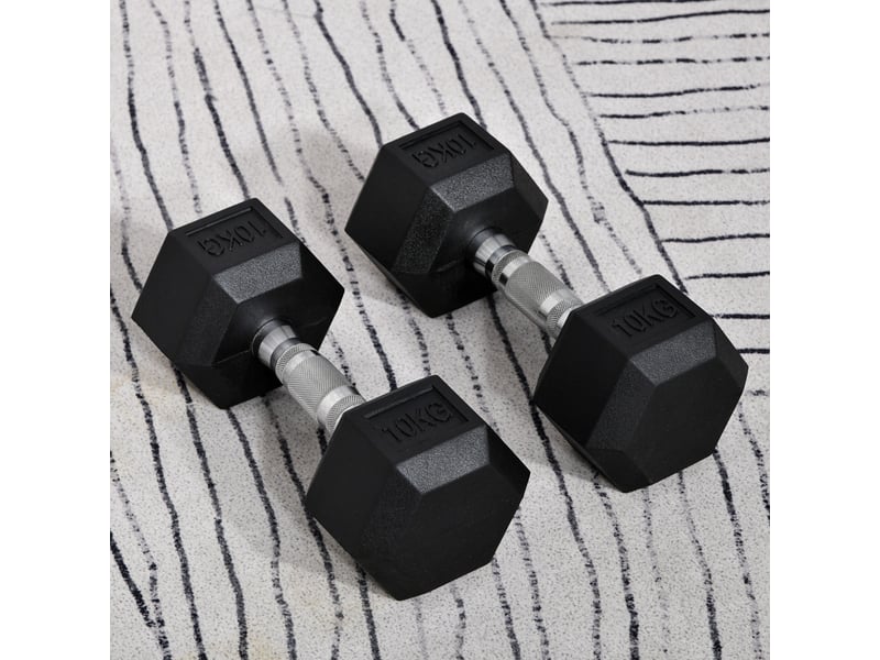  Ensemble de 2 haltères de 10 kg avec barre de connexion en métal, tête hexagonale pour l'entraînement à domicile, noir et argent  - Conforama C