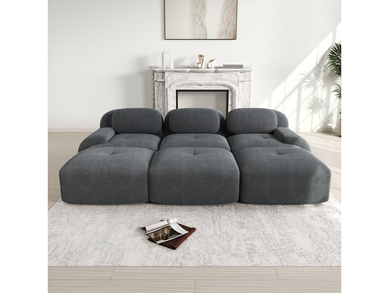  Canapé d'angle modulaire ulevr 3 places avec 3 poufs, 298 x 178 cm, velours côtelé gris, sans montage  - Conforama D