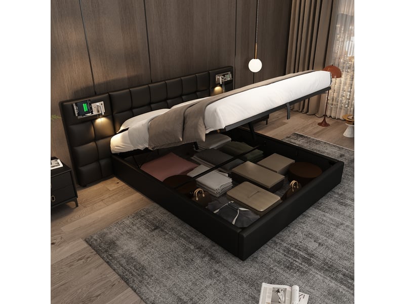  Lit rembourré 180 x 200 cm, lit hydraulique, avec port usb, chargeur sans fil et lampe d'éclairage, avec espace de rangement, pour adultes et adolescents, sommier à lattes en bois, montage facile, pu, noir  - Conforama B
