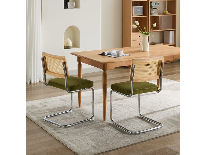  Lot de 2 chaises de salle à manger - 59x47x81cm - chaises porte-à-faux design breuer en rotin et assise velours - vert  - Conforama D