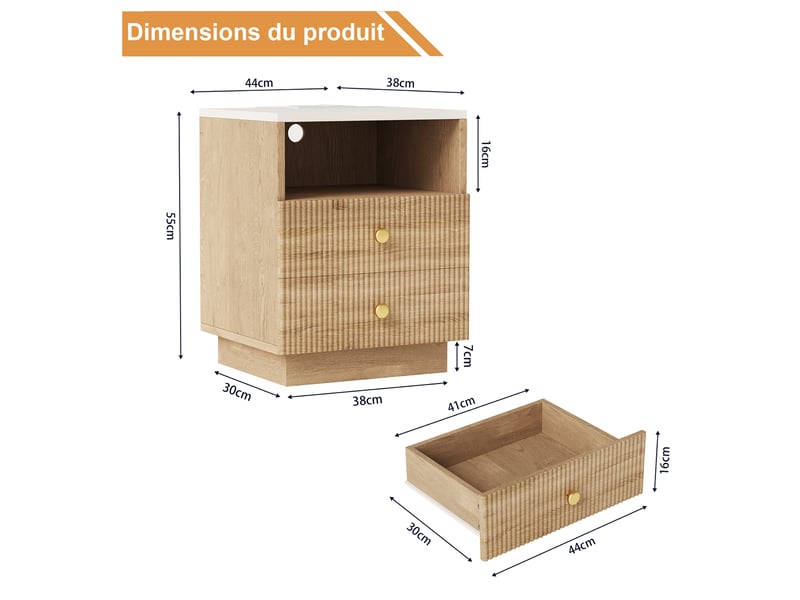 Lot de 2 tables de chevet style bois naturel, table d’appoint avec éclairage led multicolore, station de charge 2 prises secteur + usb‑cusb, 2 tiroirs + compartiment ouvert - Conforama E