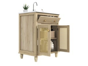 Meuble sous vasque avec tiroir basculant, 2 portes en rotin et étagères réglables, salle de bain, 61×47×87 cm