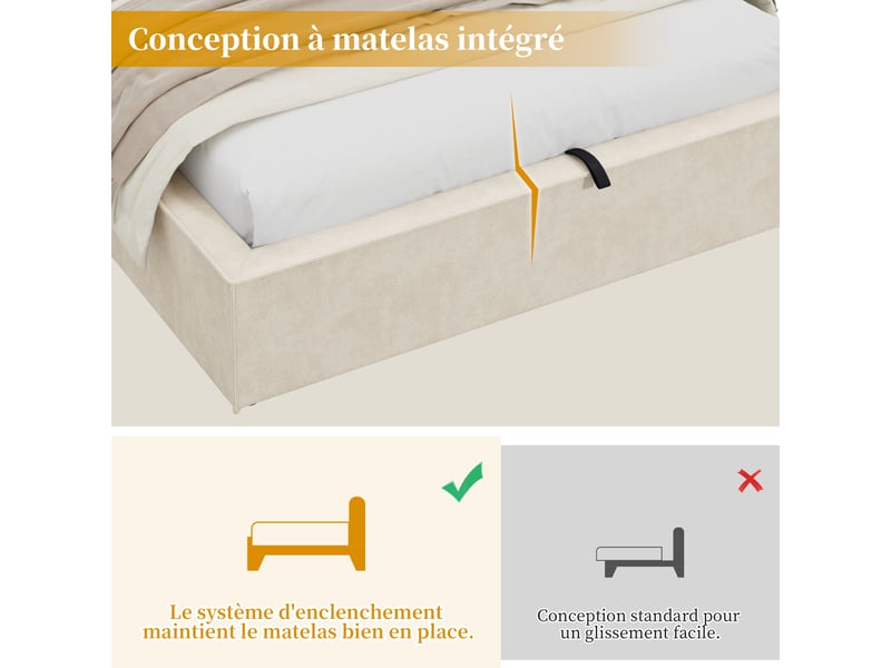 Lit coffre enfant rembourré 120x200 cm avec ouverture hydraulique, grand rangement, tête de lit épaisse, sommier à lattes, chenille beige - Conforama D