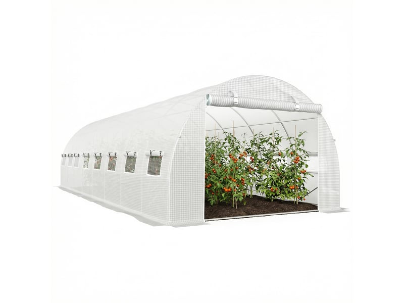  Serre de jardin tunnel 24m² 8l x 3l x 2h m - 16 fenêtres, porte zippée enroulable acier galvanisé, bâche pe, blanc  - Conforama A