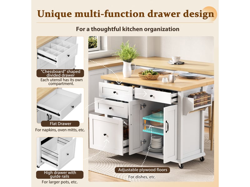  Îlot de cuisine à roulettes avec plateau rabattable, 2 portes et tiroirs, en mdf blanc et effet bois naturel  - Conforama E