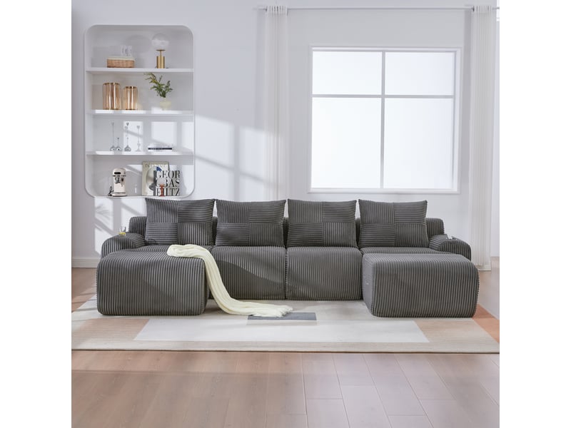Canapé d'angle panoramique fixe 4 places tissu gris foncé - Conforama D