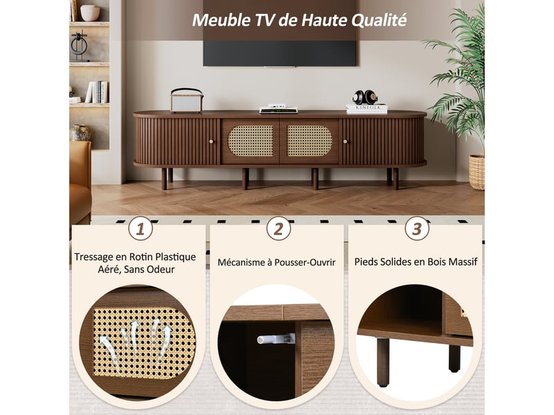  Meuble tv noyer 180 cm ovale style vintage avec portes rotin et coulissantes pour écran 80 pouces  - Conforama E