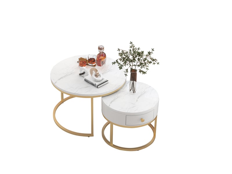  Lot de 2 tables basses gigognes rondes 70x70x48 cm mdf blanc brillant  - Conforama B