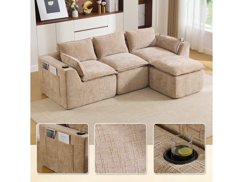 Canapé modulable 3 places en tissu chenille kaki, avec pouf, 2 poches latérales, porte-gobelets, 256×161×75 cm - Conforama W