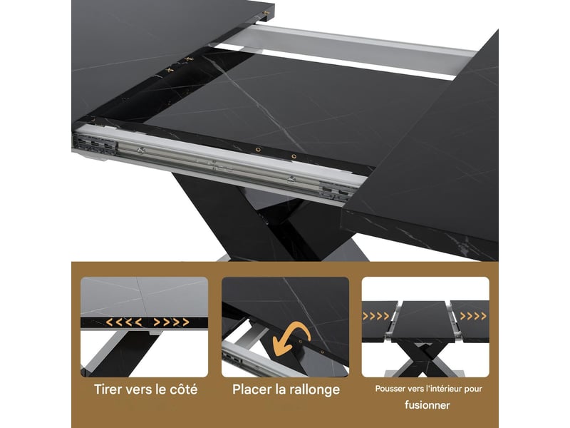  Table à manger extensible plateau effet marbre noir pied en x 120-160 cm W2552S00019 - Conforama D