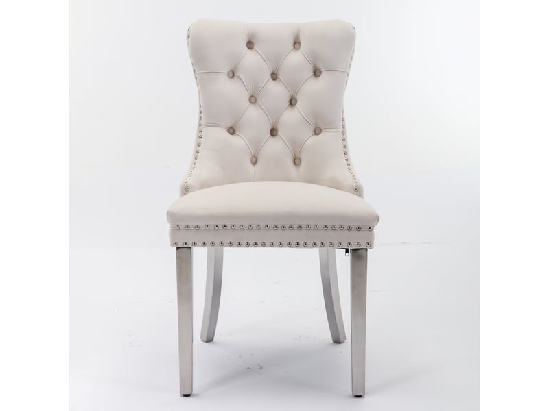  Lot de 2 chaises de salle à manger capitonnées en velours beige, pieds chromés, design contemporain  - Conforama A