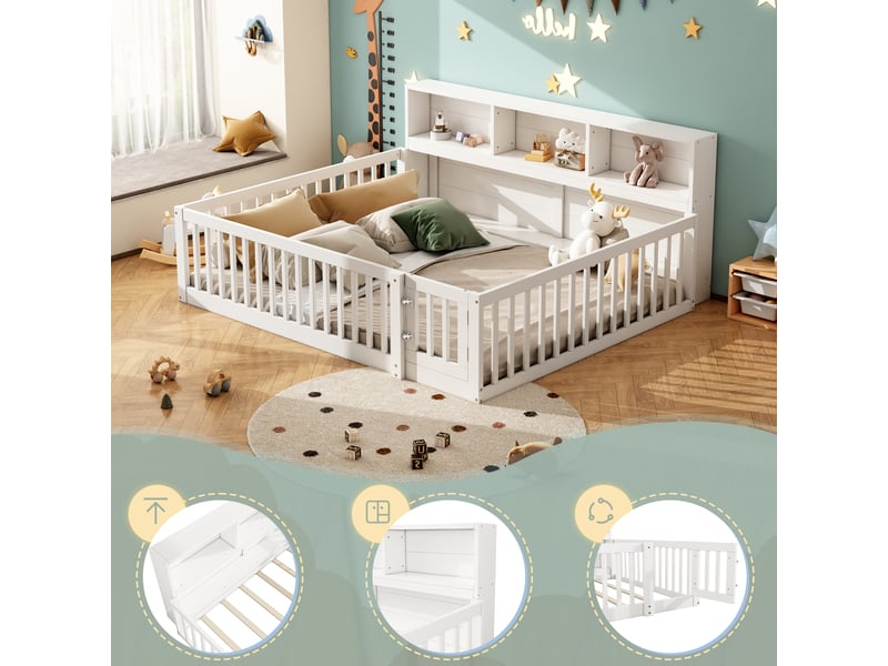  Lit banquette 140x200 cm en bois de pin, lit de jour avec rangement et barrière de sécurité, canapé-lit blanc pour chambre d'enfant.  - Conforama D