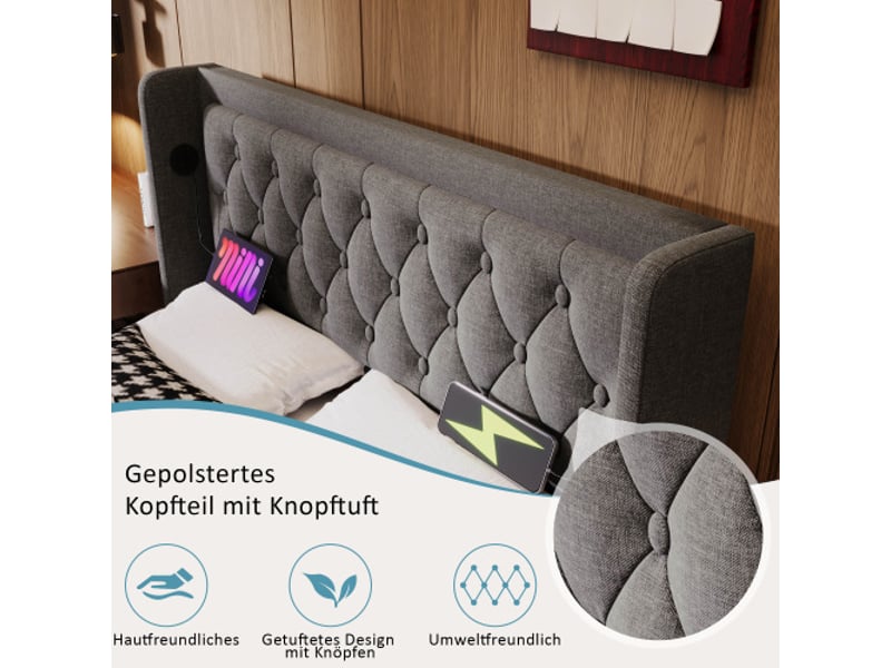  Lit hydraulique 180x200 cm avec tête de lit rembourrée, rangement intégré, usb-c et éclairage led, tissu coton gris (sans matelas)  - Conforama D