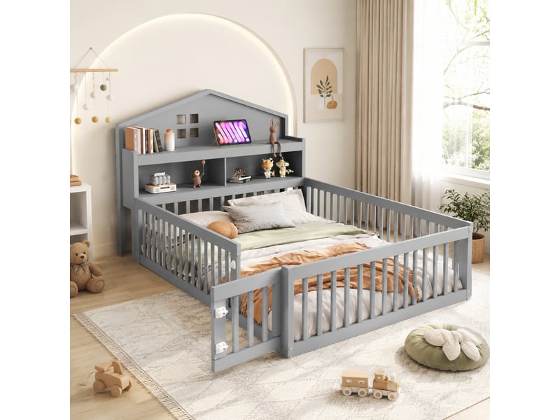  Lit enfant cabane 140x200 avec rangement, barrière et sommier à lattes evryae  - Conforama B