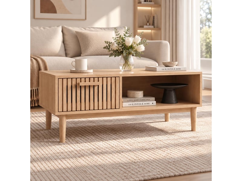  Table basse fixe 100 cm, 1 tiroir et porte coulissante à persiennes, style scandinave japandi, pieds en bois massif, bois clair  - Conforama B