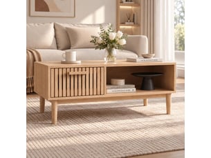 Table basse fixe 100 cm, 1 tiroir et porte coulissante à persiennes, style scandinave japandi, pieds en bois massif, bois clair