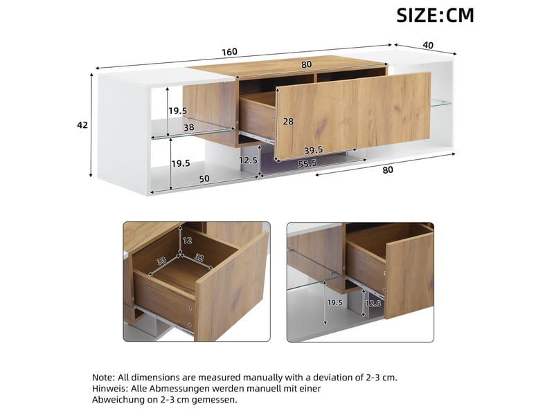  Meuble tv 160 x 40 x 42 cm avec 2 tiroirs, étagère en verre et led multicolore  - Conforama C