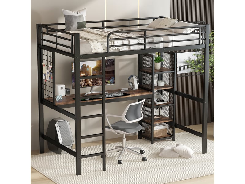  Lit mezzanine 90x200cm coloris noir métal et mdf lit enfant noir - Conforama E
