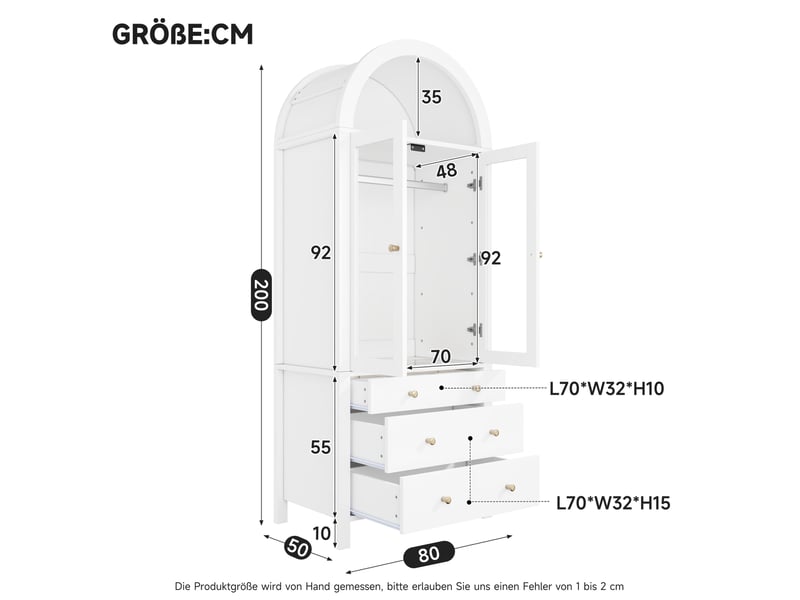  Armoire 80x50x200 cm cintrée avec led, portes vitrées et 3 tiroirs blanche  - Conforama C