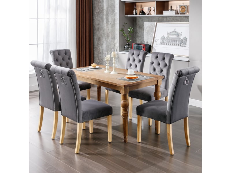  Ensemble de 6 chaises de salle à manger gris en velours, design à boutons, pieds en chêne  - Conforama B