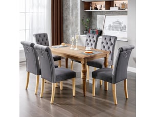 Ensemble de 6 chaises de salle à manger gris en velours, design à boutons, pieds en chêne