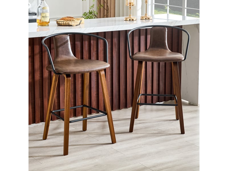  Lot de 2 tabourets de bar 48x44x88cm - modern skandinavisch - pieds en noyer - coussin de siège en cuir - marron  - Conforama D
