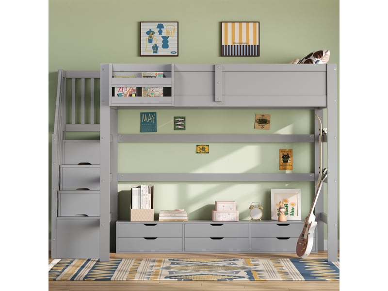  Lit mezzanine 140x200 cm - grand rangement - 6 tiroirs - barrière de sécurité - bois - structure multifonction - pour chambre enfant - bois naturel CozyNest - Conforama B