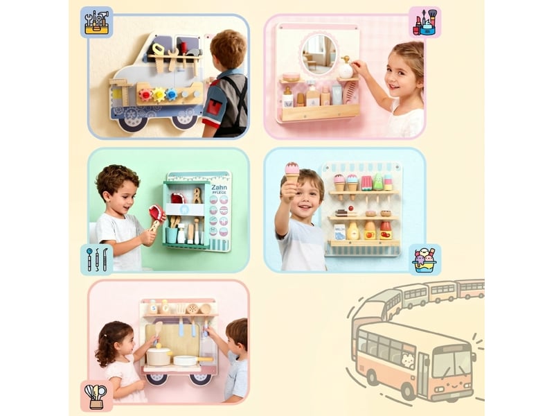 Tableau d'activités mural montessori 163,8 cm multicolore en bois et mdf, camion 5-en-1 dès 3 ans - Conforama D