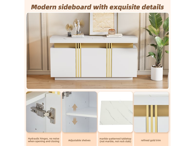Buffet blanc moderne 140x38x70 cm, meuble rangement cuisine 3 portes sans poignée design platine - Conforama D