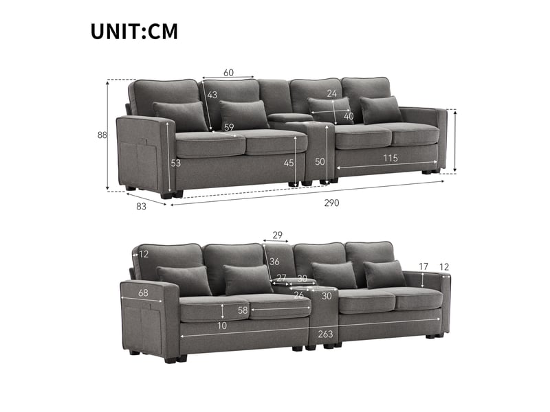  Canapé 4 places modenvie avec console, ports usb et rangements 290 x 83 x 88 cm gris foncé  - Conforama C
