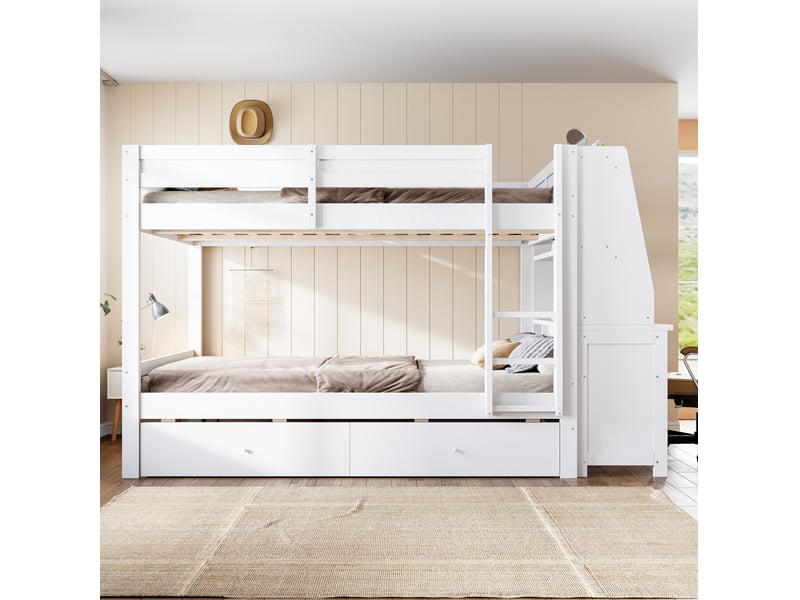  Lit superposé 140 x 200 cm avec bureau, rangements et 2 tiroirs, blancgris  - Conforama D
