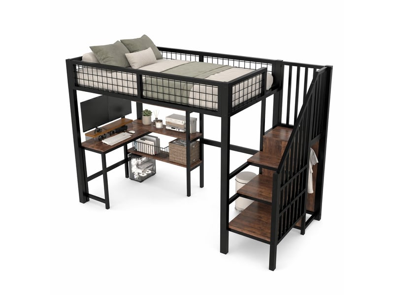  Lit mezzanine 90x200 cm avec bureau et rangements en métal et mdf noir et marron  - Conforama A