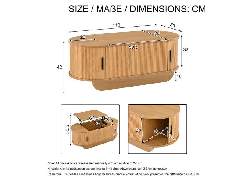  Table basse relevable ovale coloris bois - 100x50 cm mdf  - Conforama C