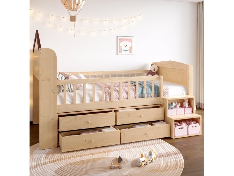  Lit enfant mi-hauteur 90x200 cm maison avec led et rangements coloris naturel  - Conforama E