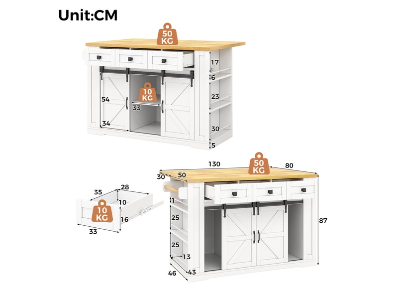 Îlot de cuisine avec plateau rabattable, 3 tiroirs et prises, pour cuisine, mdf blanc et bois, 130 × 50 (80) × 87 cm - Conforama D