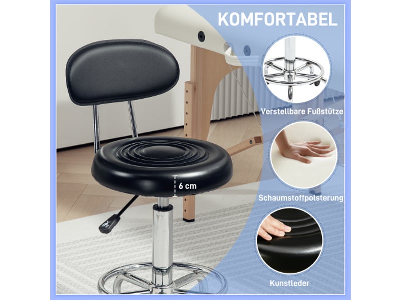 Tabouret de travail pivotant à roulettes avec dossier, similicuir noir, 32 x 40 x 70-86 cm, repose-pieds réglable  - Conforama D
