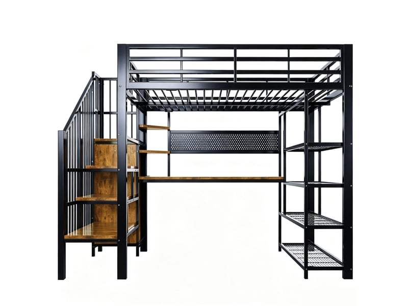 Lit mezzanine 140x200 cm – noir – mezzanine avec bureau, escalier de rangement, led, prises - sans matelas - Conforama D