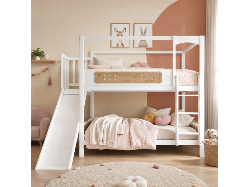 Lit superposé enfant 90 x 200 cm blanc et bois naturel avec toboggan - Conforama B