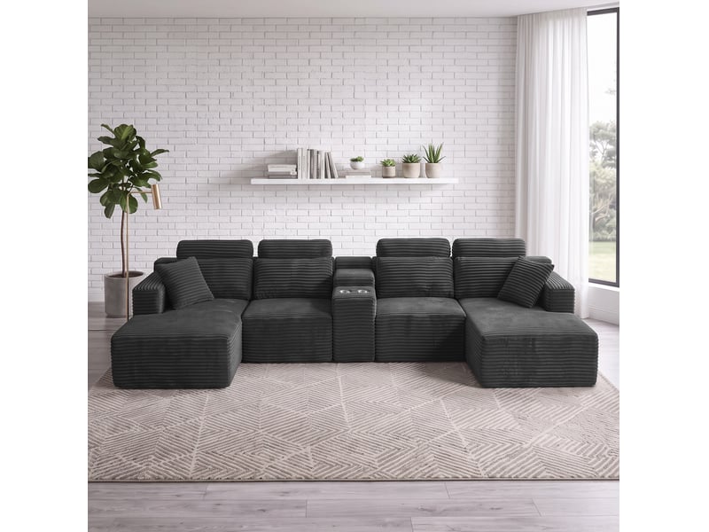  Canapé d’angle modulaire en u 373x151x81 cm compressé, porte-gobelets velours côtelé couleur gris foncé  - Conforama B