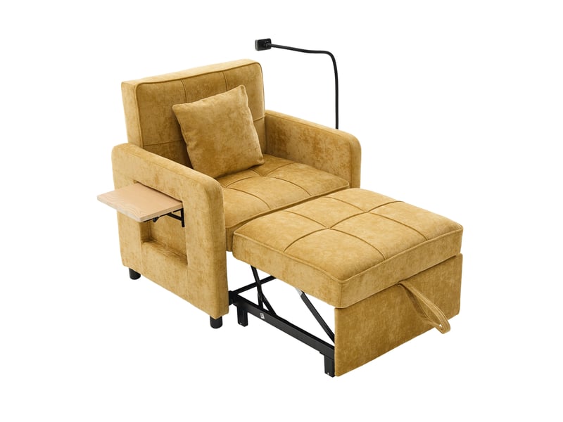  Fauteuil-lit 2-en-1 jaune moutarde en chenille avec coussin et rangements  - Conforama E