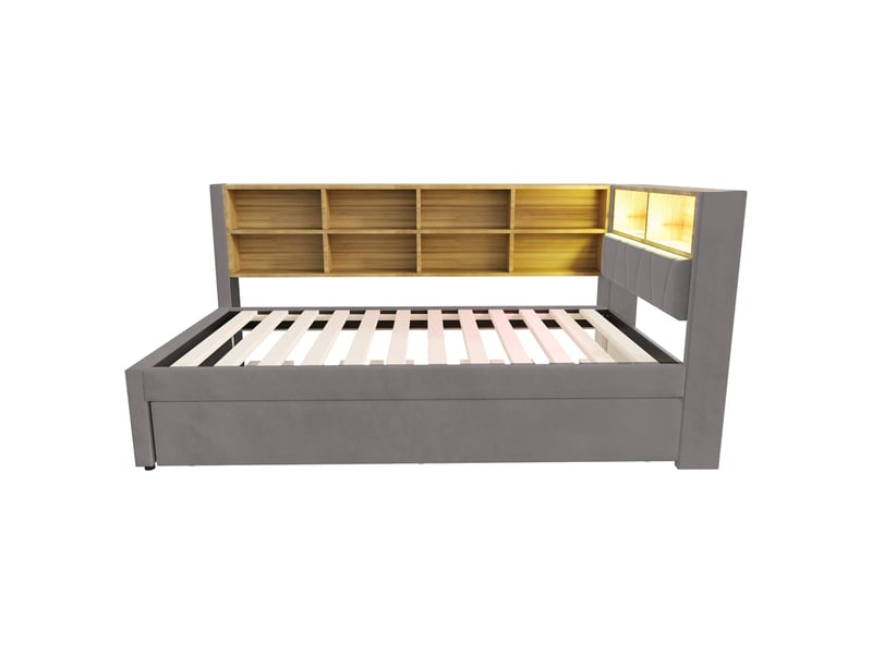  Lit banquette gigogne 90x200 cm en flanelle gris foncé, led, prises et rangements, couchage 90x190 cm  - Conforama A