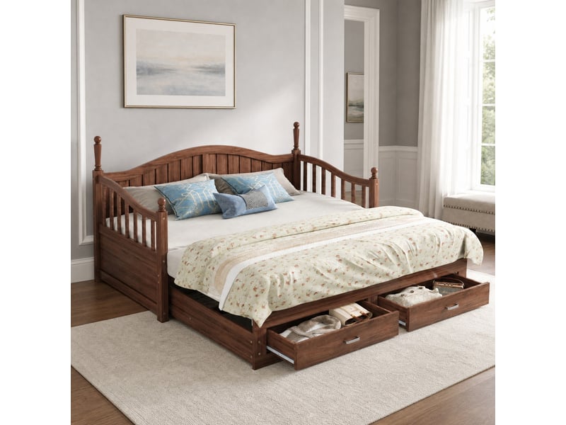  Lit banquette extensible 1 ou 2 places en bois, 2 tiroirs et accoudoirs arrondis, 90×190 et 180×190 cm, sans matelas  - Conforama B