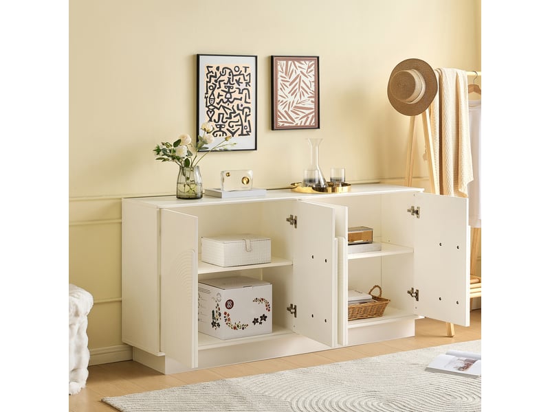  Buffet 4 portes à panneaux incurvés avec rangement en mdf 160×38×80 cm blanc mat  - Conforama C