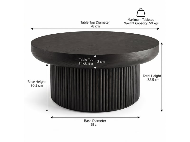  Table basse ronde ulevr avec plateau parqueté et base cannelée, ø 78 cm, épaisseur 8 cm, bois et mdf laqués noirs  - Conforama C