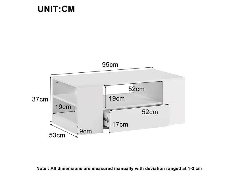 Table basse led avec 2 tiroirs et 2 étagères, table salon 95x53x37 cm en bois, blanc  - Conforama C